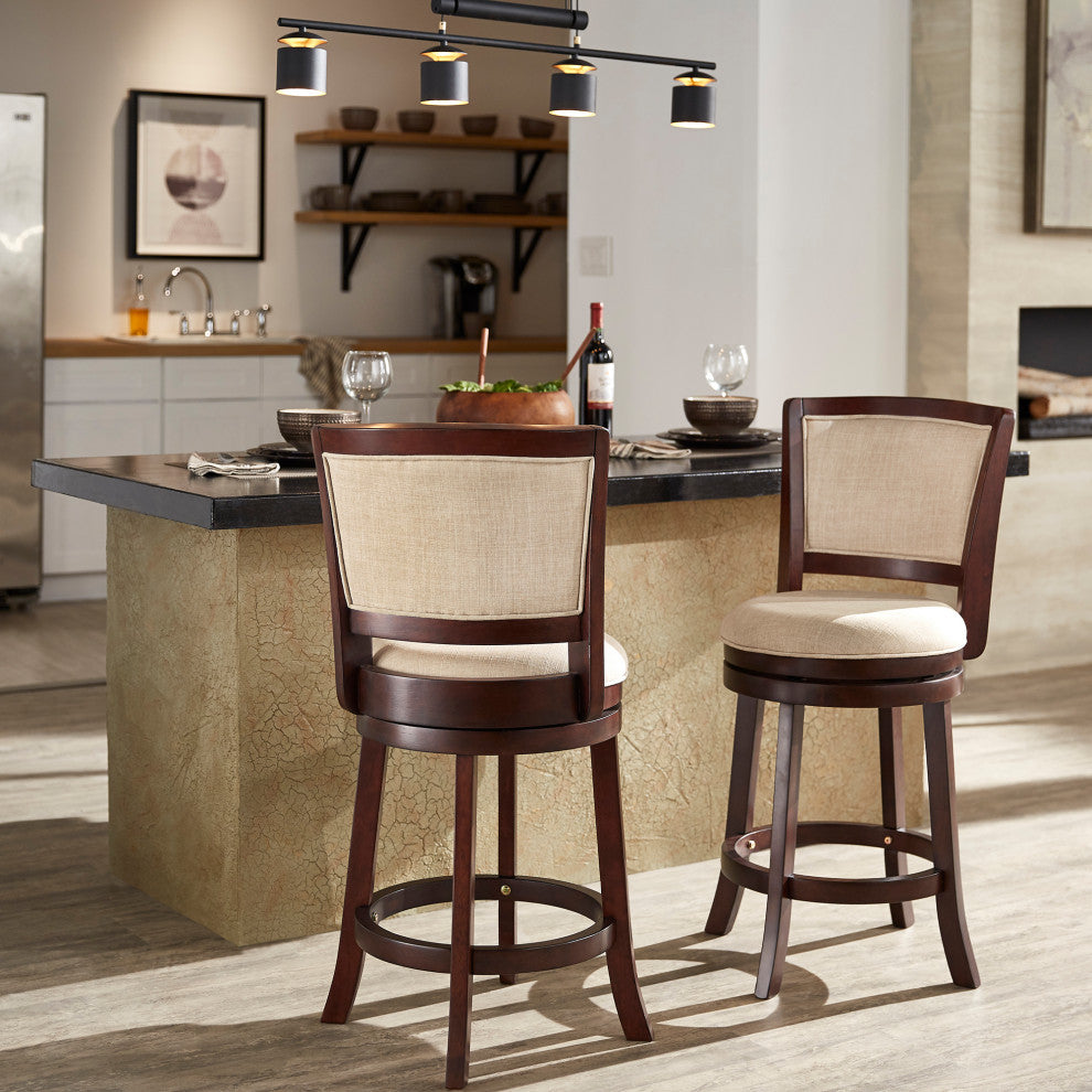 Janczy Dark Cherry Finish Beige Linen Swivel Chair, Counter Height