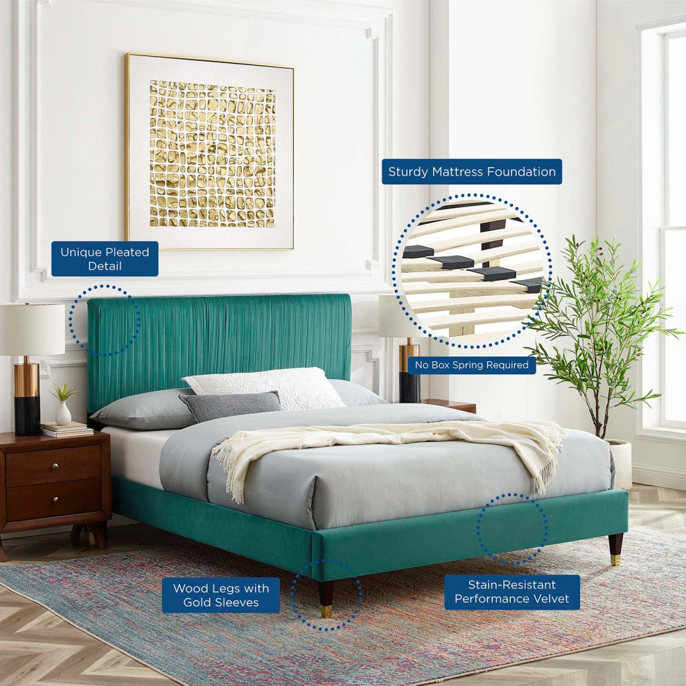 Platform Bed Frame, Full Size, Velvet, Teal Blue, Modern Contemporary, Bedroom