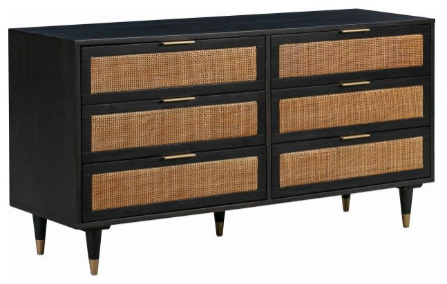 Sierra 6 Drawer Dresser, Beach Rattan Cabinet, Jungle Wicker Chest, Noir