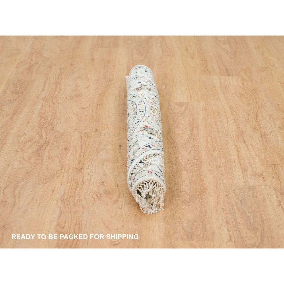 Powder White Nain Design 250 KPSI 100% Wool Hand Knotted Round Rug 3'9"x3'9"