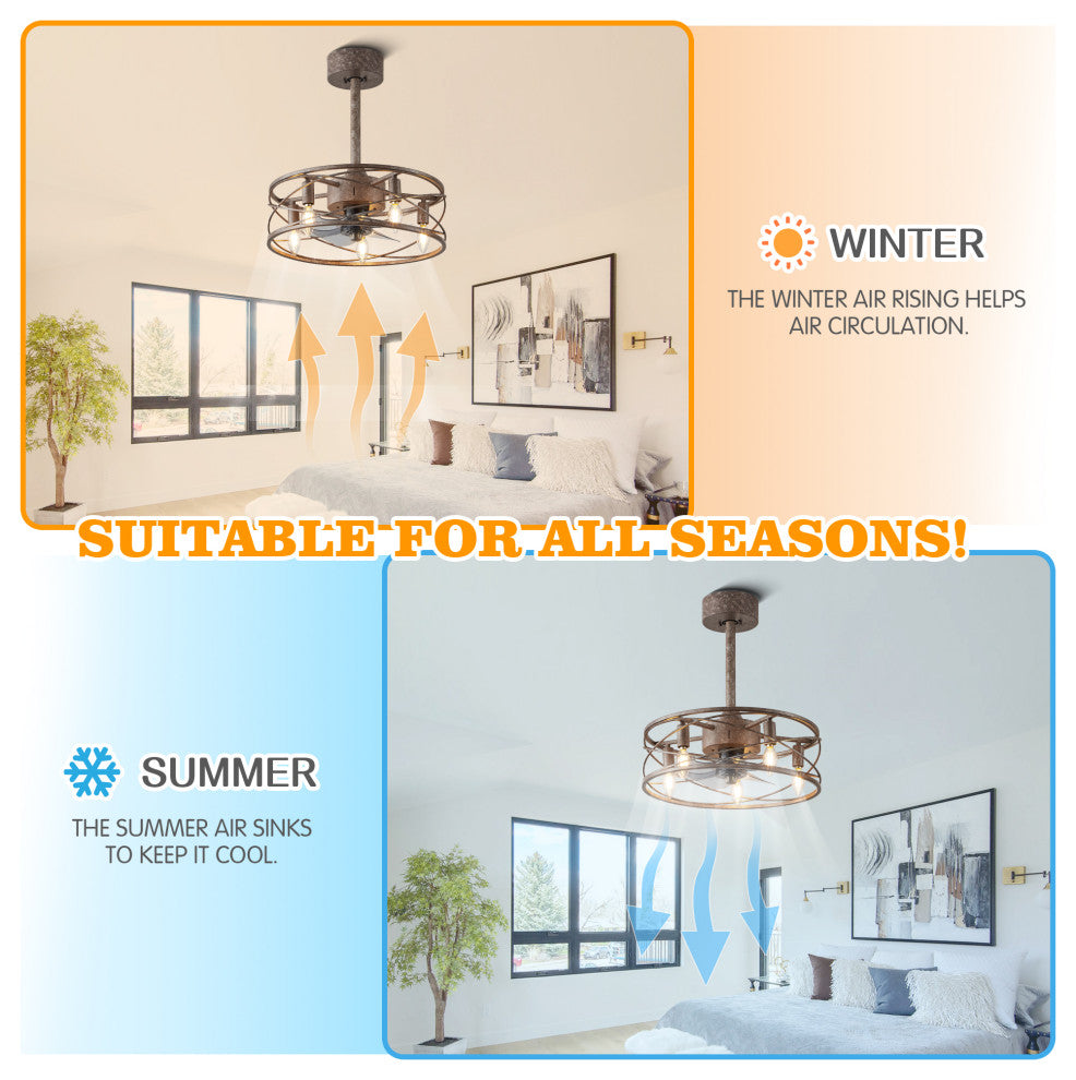 18" Black Industrial Reversible Ceiling Fan with Metal Cage Shade and Remote