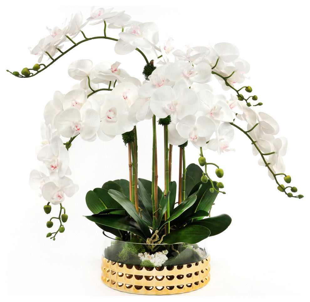Real Touch Cream Orchid Arrangement in a Glass Gold Bowl