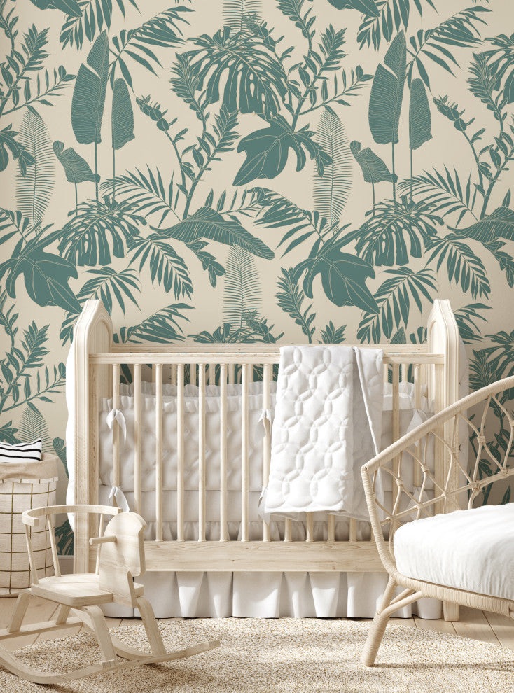 Hand Drawn Jungle Leaves Vinyl Peel and Stick Mural, Green, 24"x108", 6 Pack