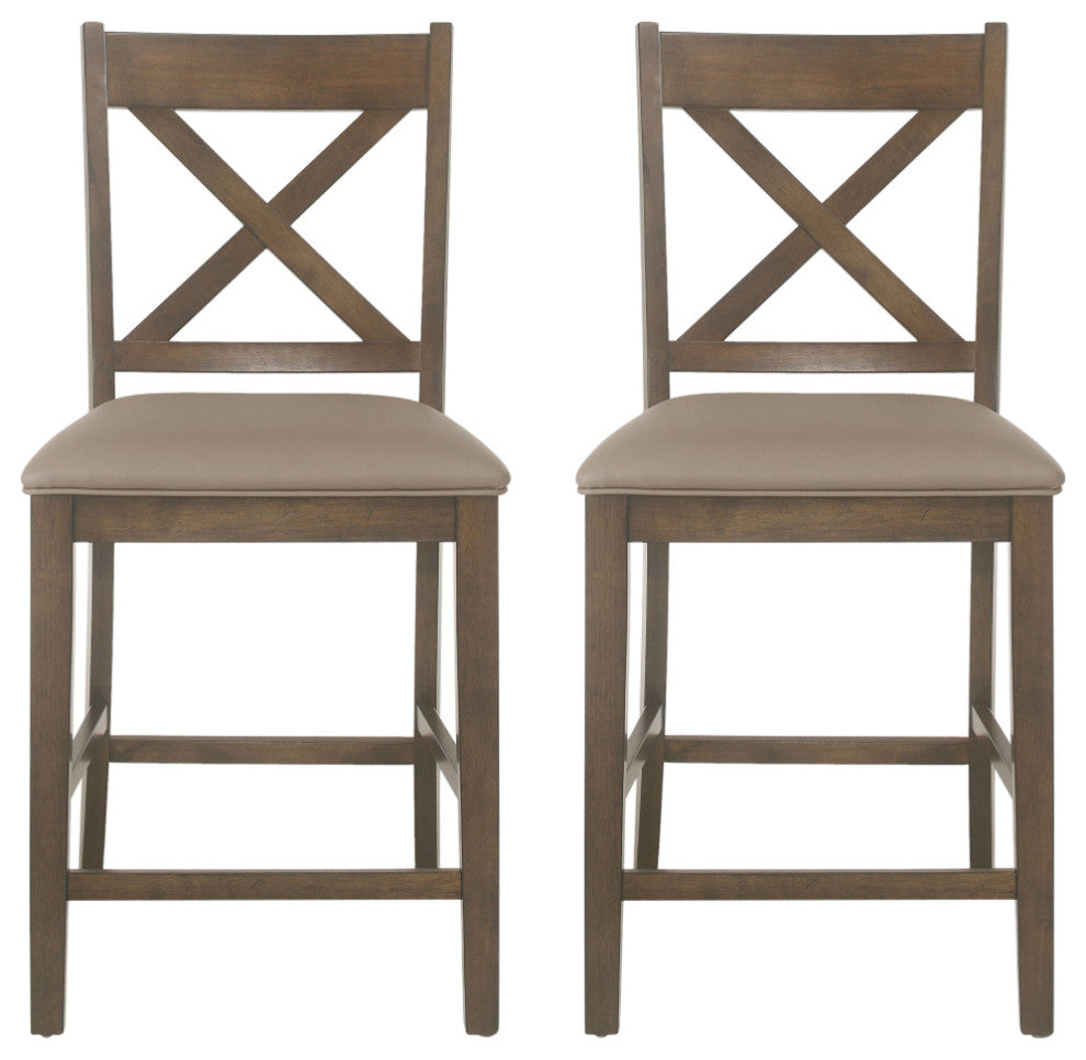Bouman Farmhouse Upholstered Wood Counter Stools (Set of 2), Antique Brown