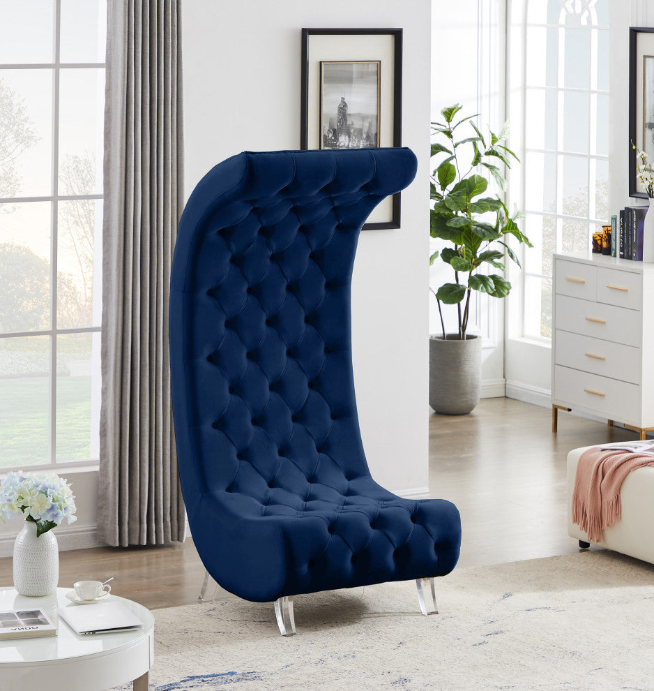 Crescent Velvet Upholstered Rounded Accent Chair, Navy