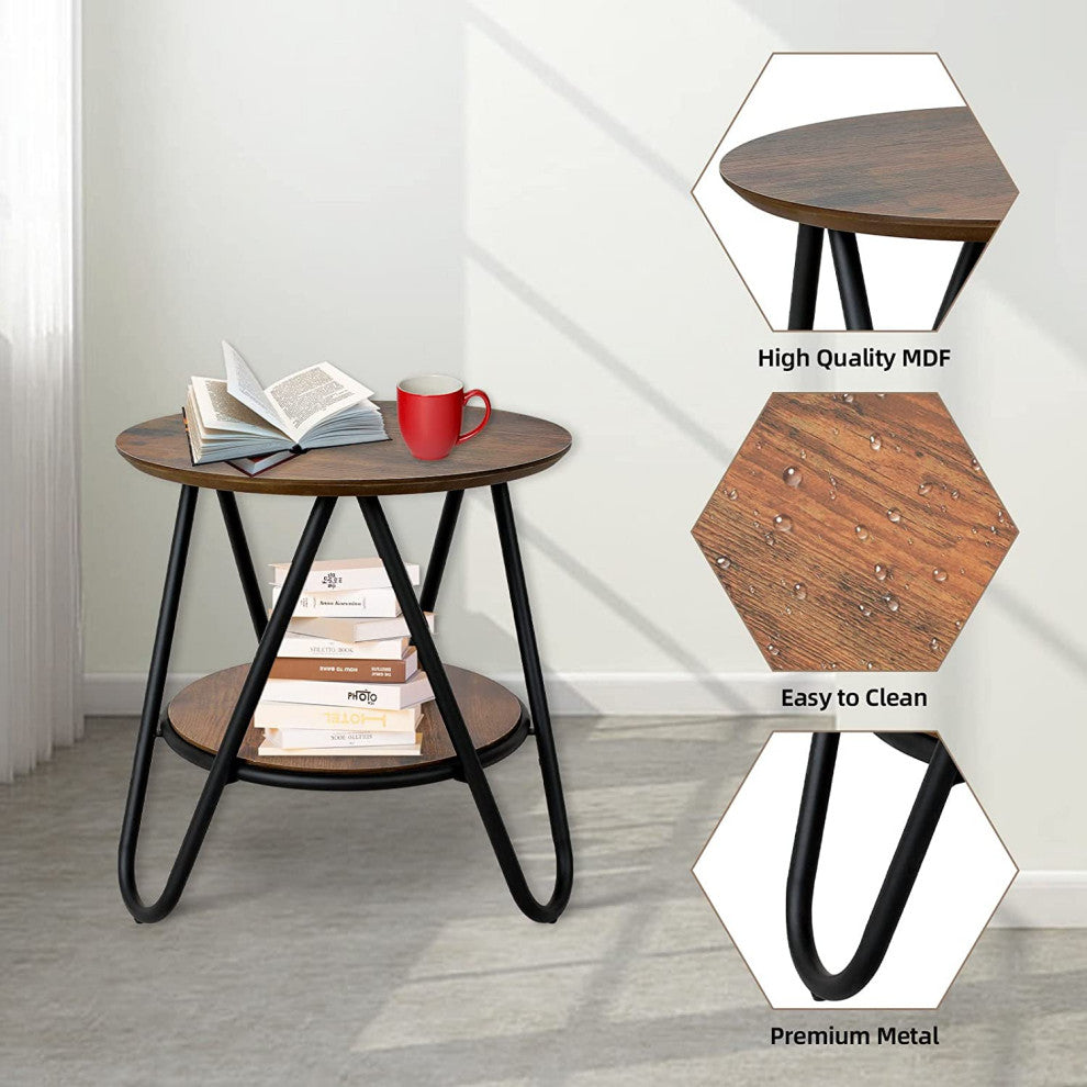 2 Tier Wooden Small Round Side Table with Storage Shelf