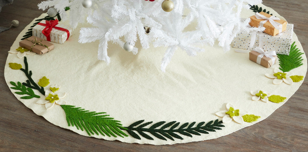 Handmade Christmas Tree Skirt in Felt, Greenery Border on Cream, 60"