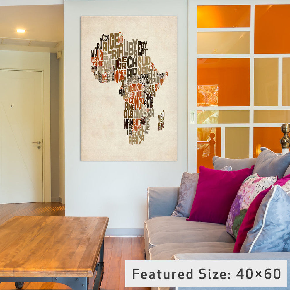 "Typography (Countries) Map of Africa" by Michael Tompsett, 26x18x1.5"