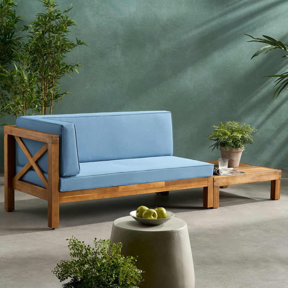 Keith Outdoor Left Arm Loveseat and Coffee Table Set, Blue/Teak