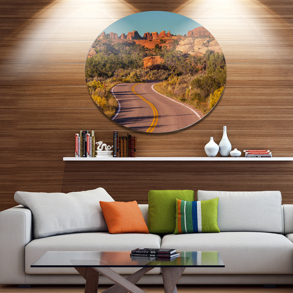 Road In Rocky American Prairie, Landscape Round Metal Wall Art, 11"