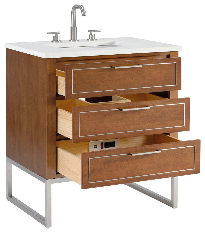 Markham Bathroom Vanity, Walnut/Brushed Nickel, 30", Calacatta Quartz Top