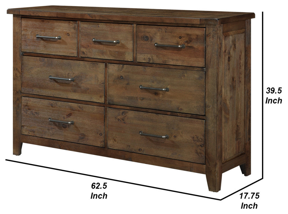 Benzara BM181900 Spacious Wooden Dresser With 7 Drawers, Rustic Burnished Brown