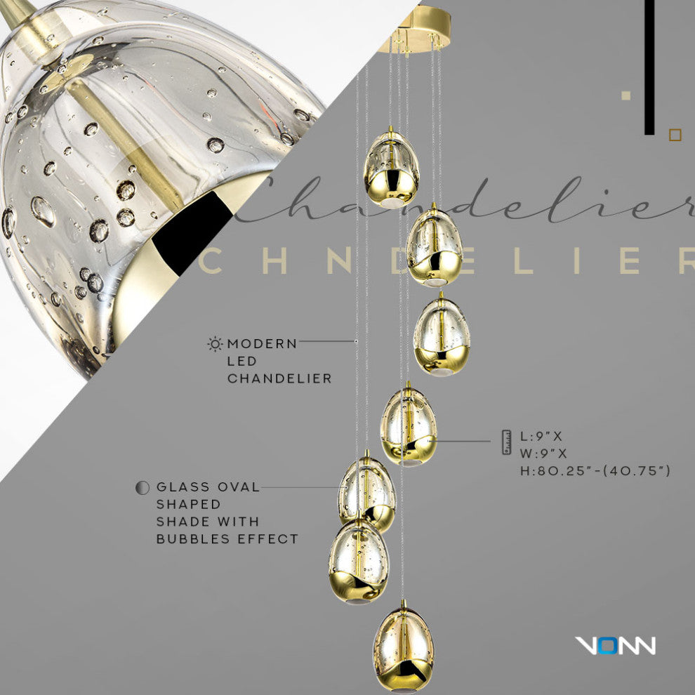 Venezia 7-Light ETL Certified Integrated LED Chandelier Lighting Fixture, Gold