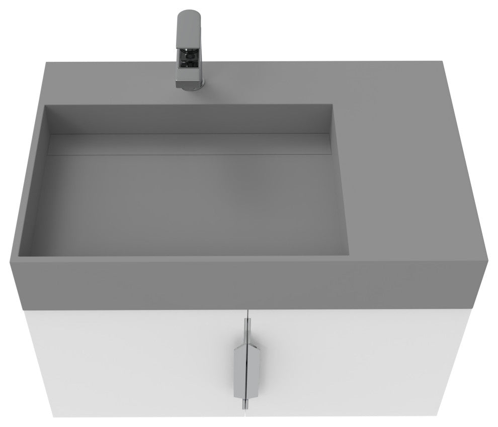 CastelloUSA Amazon 30" Left Wall Mounted Bathroom Vanity Set, White, Gray Top, Chrome Handles