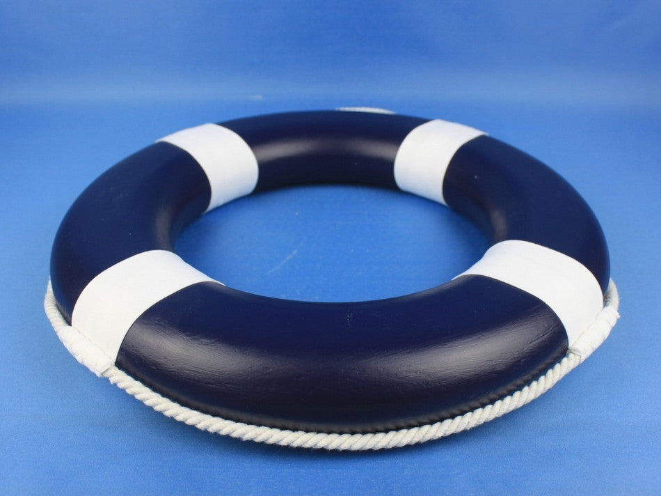Decorative Lifering, 15", Dark Blue Painted With White Bands