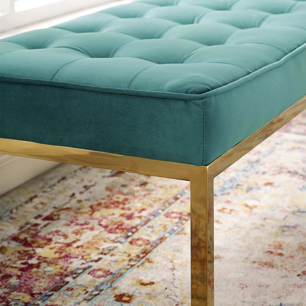 Living Lounge Accent Chair Bench, Velvet Fabric Metal Steel, Gold Aqua Blue