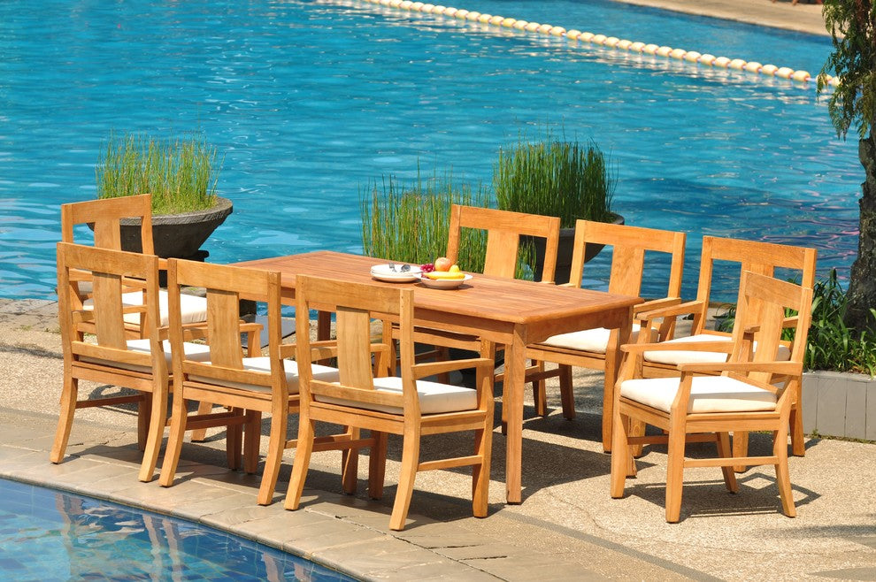 9-Piece Outdoor Patio Teak Dining Set: 71" Rectangle Table & 8 Osbo Arm Chairs