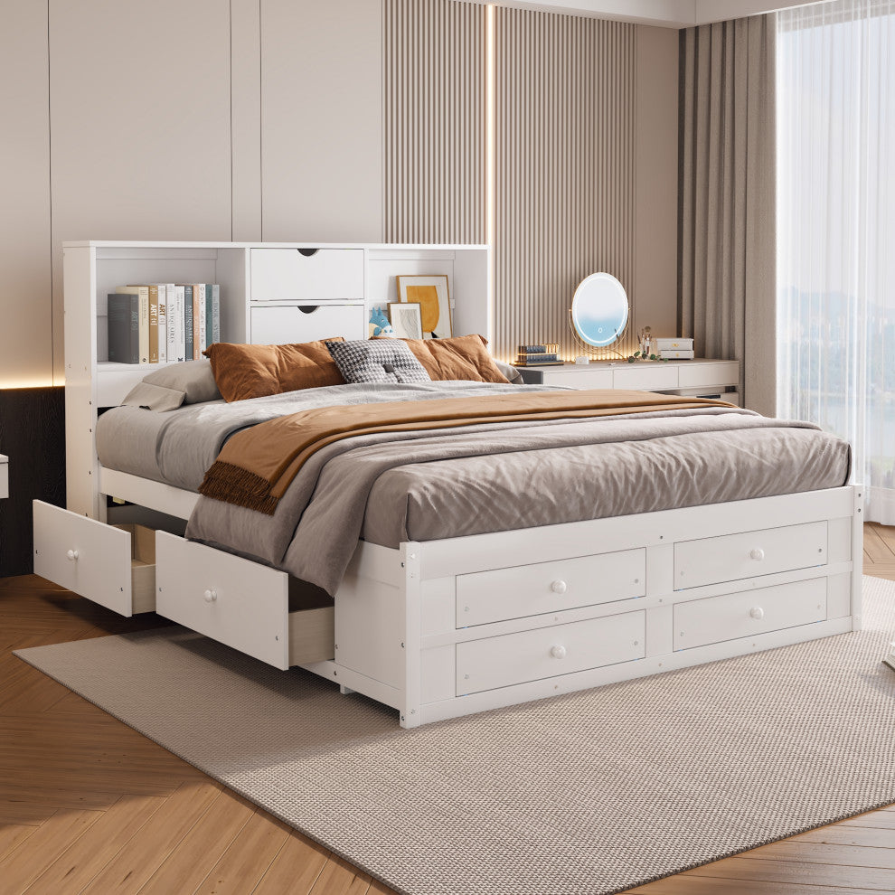 Gewnee King Size Platform Bed with Storage Headboard and 8 Drawers