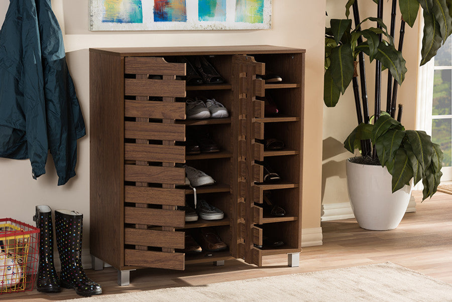 Shirley Modern Walnut Medium Brown Wood 2-Door Shoe Cabinet With Open Shelves