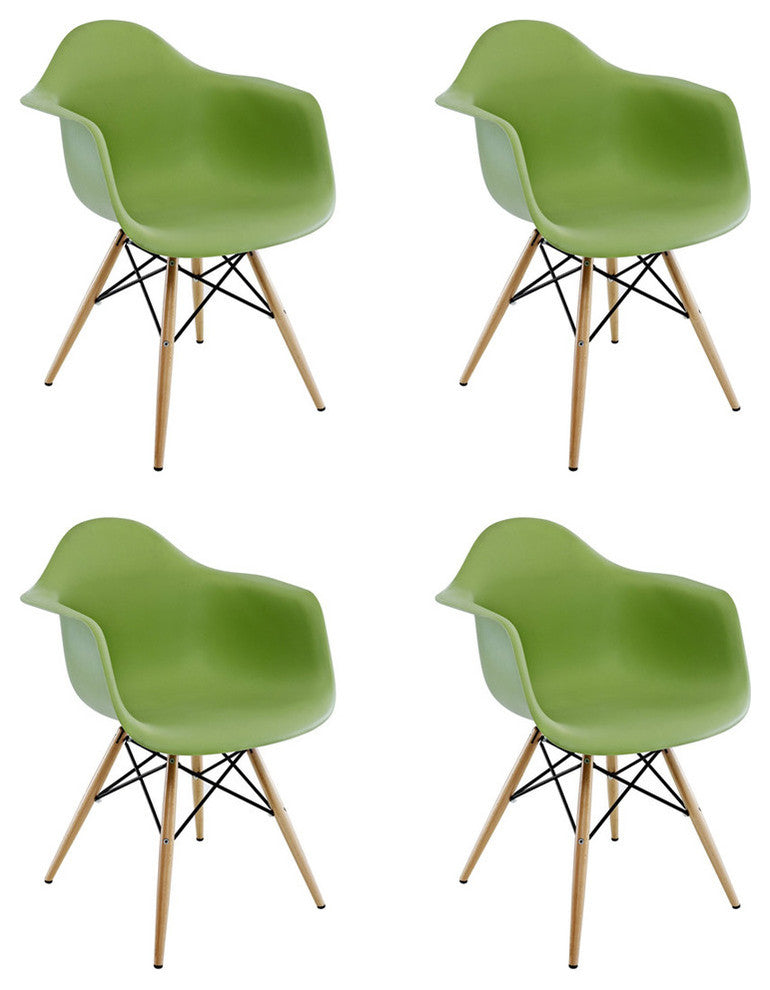 DAW Green Mid Century Modern Plastic Dining Chair, Wood Eiffel Leg, Set of 4