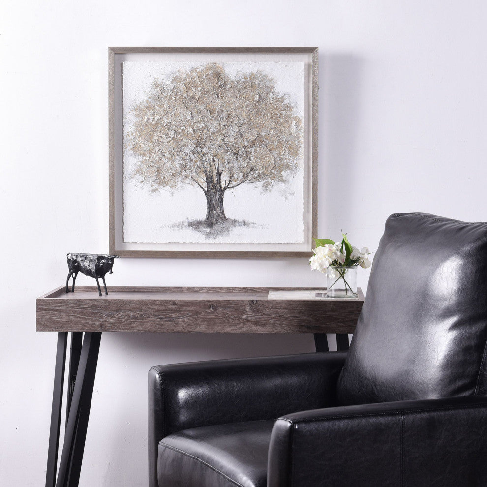 Gold Foliage Shadow Box Wall Art With Foil On Rice Paper Gray Wash Frame