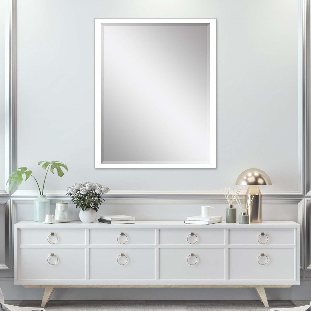 Framed Beveled Mirror, White, 38"x50"