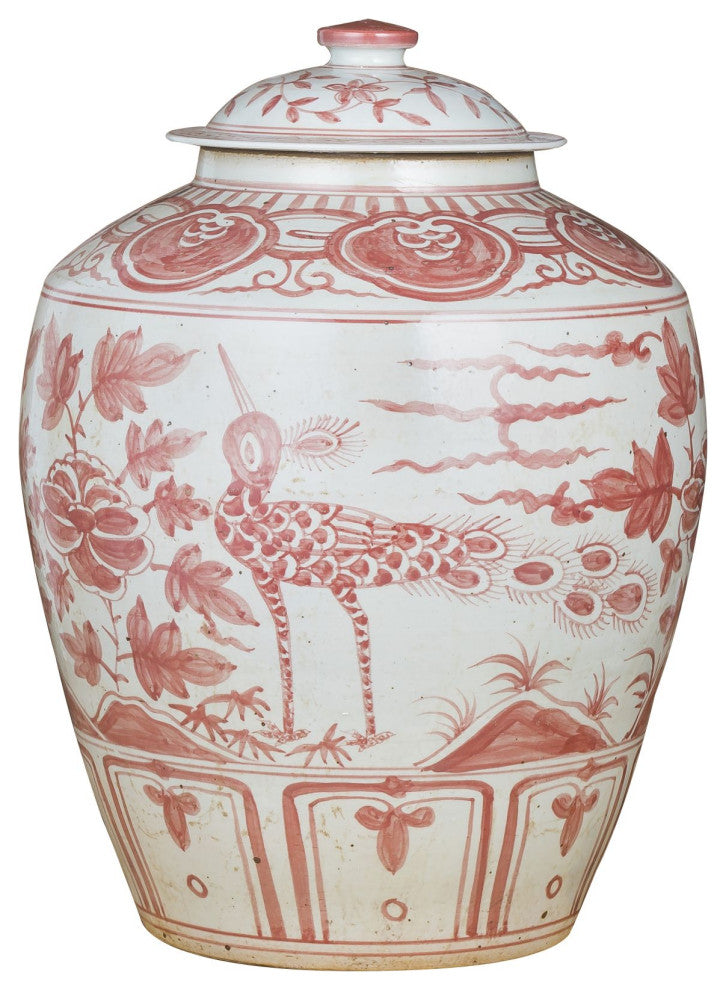 Coral Red Ginger Jar Bird Motif Small