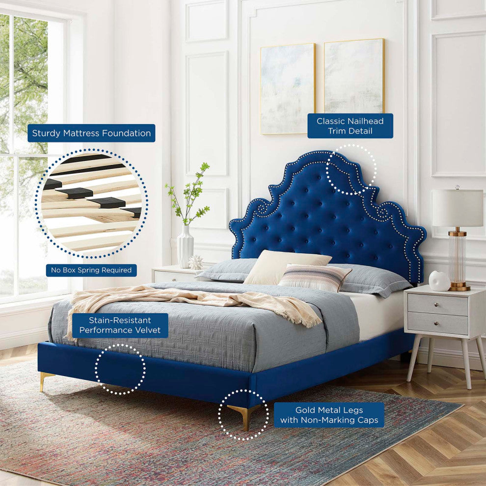 Tufted Platform Bed Frame, Twin Size, Velvet, Blue Navy, Modern Contemporary