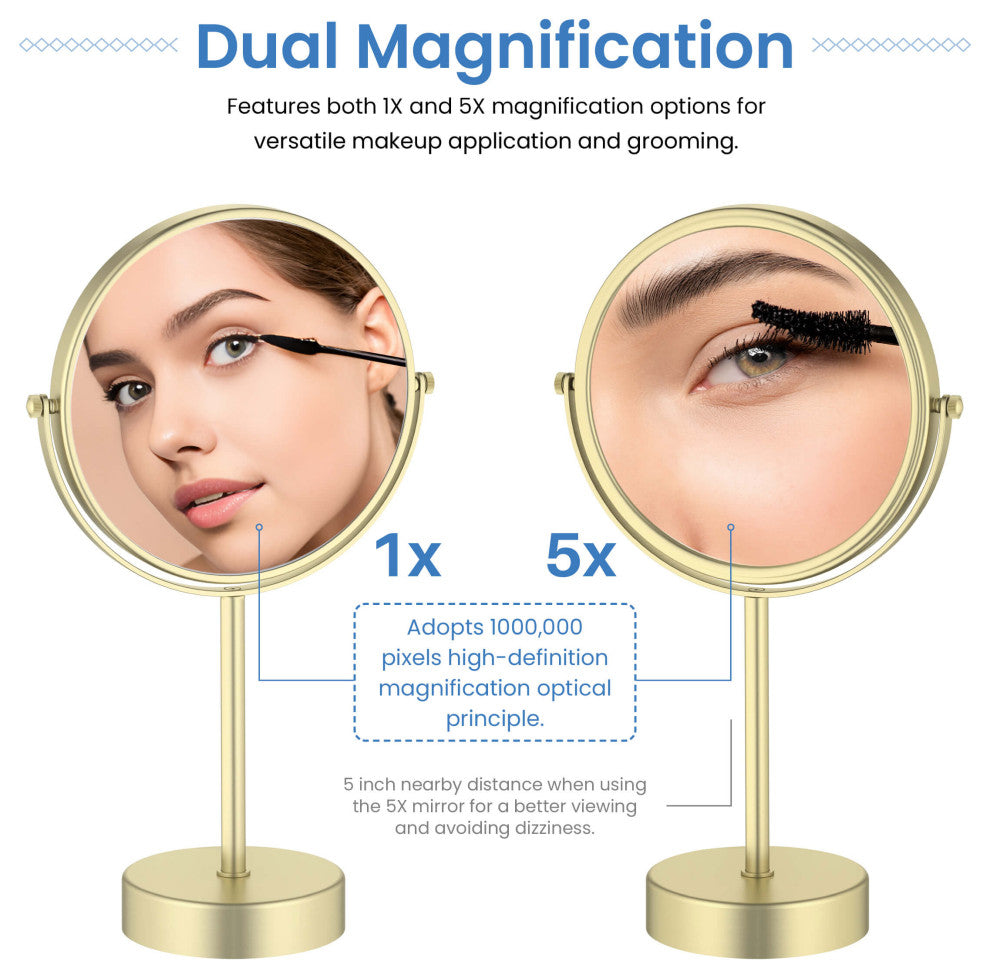 Circular Free Standing Magnifying Make Up Mirror, Brushed Gold