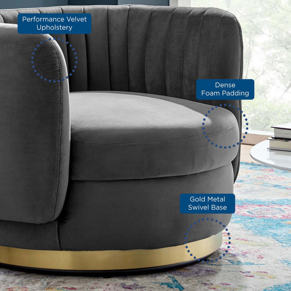 Armchair Swivel Accent Tufted Chair, Gold Gray, Velvet, Modern Hospitality