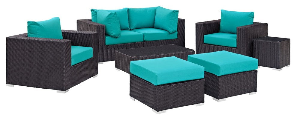 Modern Contemporary Outdoor Patio 8-Piece Sectional Sofa Set, Blue, Rattan