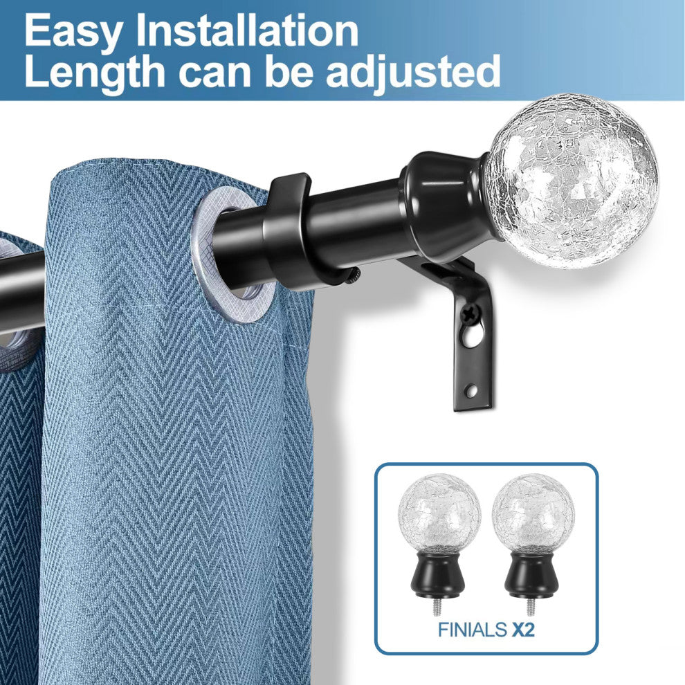 1" Diameter Crackle Glass Single Drapery Curtain Rod, Black, 84"-120"