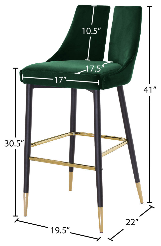 Sleek Velvet Upholstered Bar Stools With Matte Black Metal Legs, Set of 2, Green