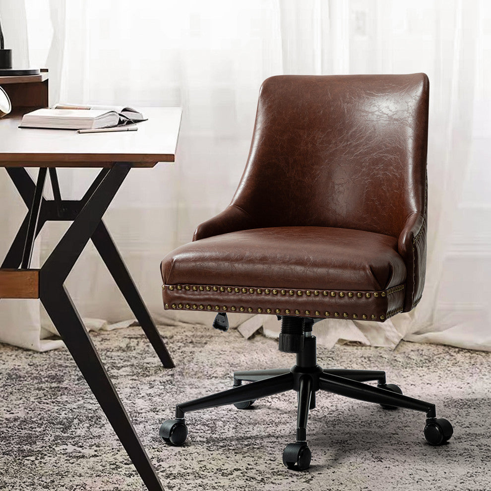 Upholstered Swivel Task Chair With Nailhead Trim, Brown