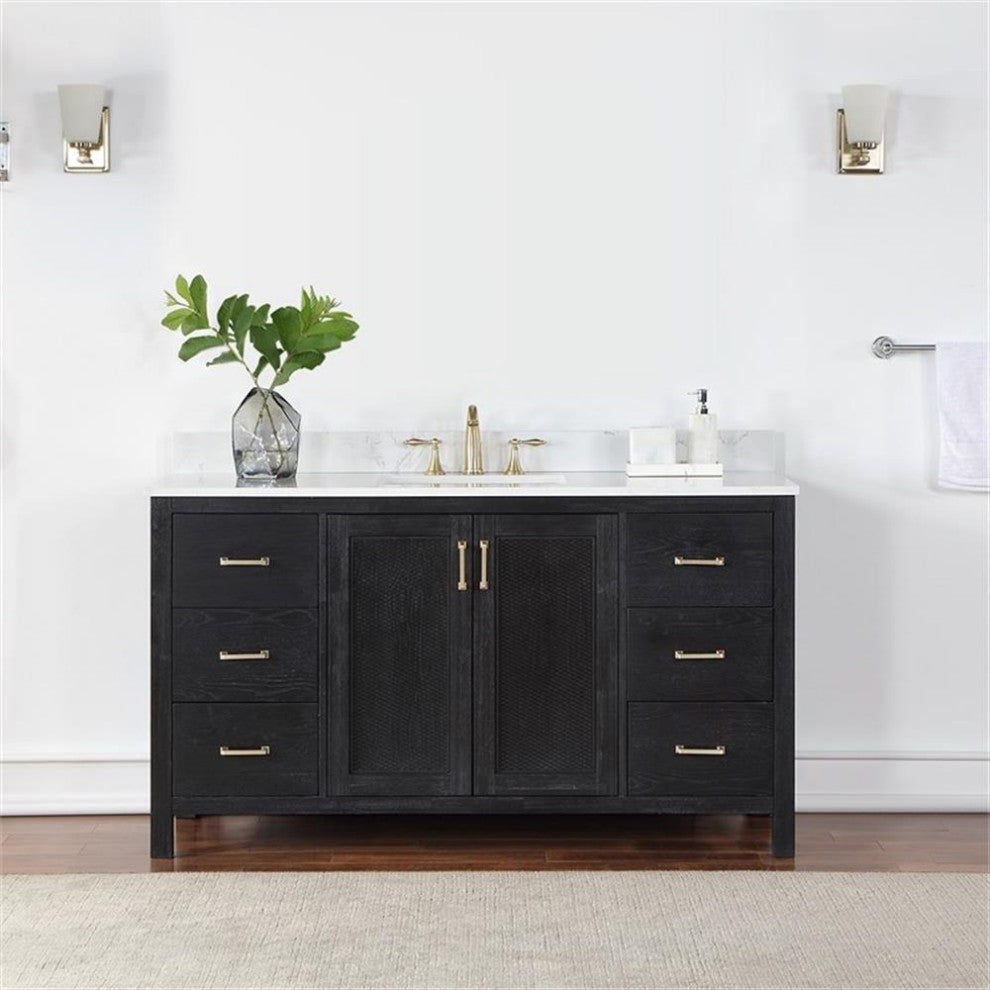 Hadiya 60" Single Bathroom Vanity Set in Black Oak Marble Top without Mirror