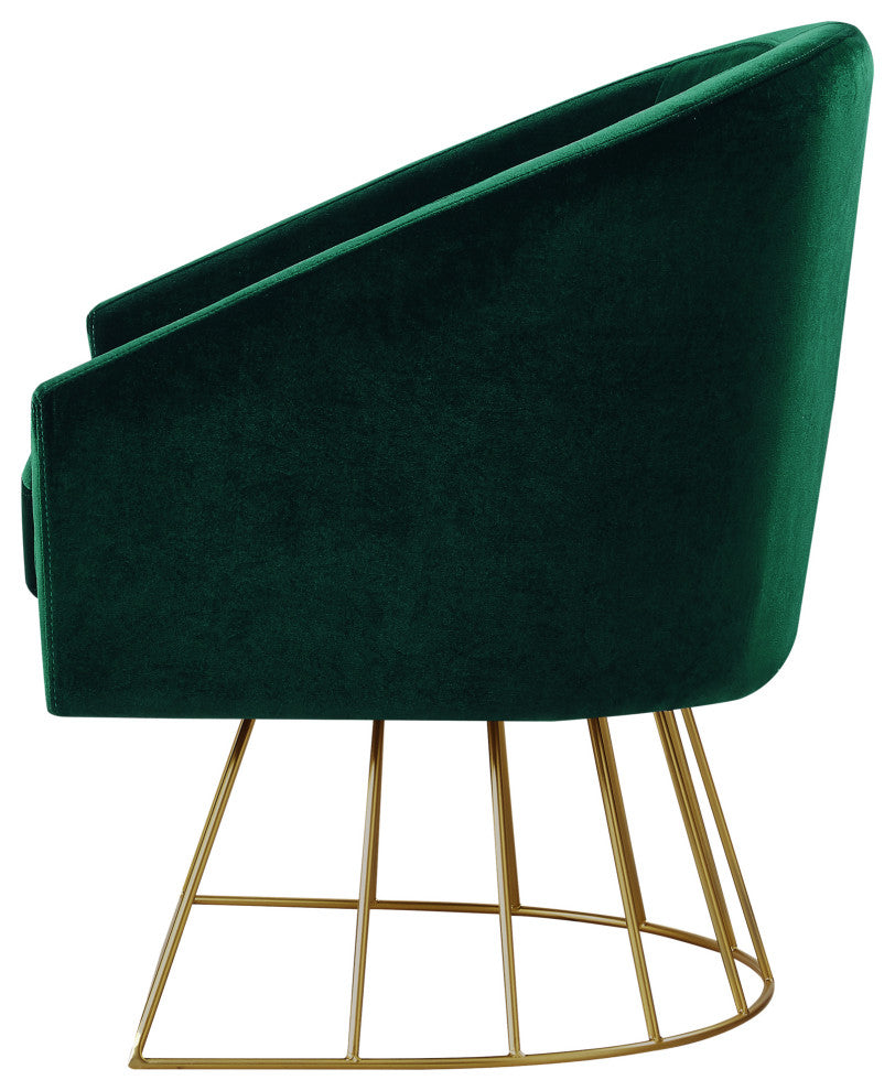 Alice Velvet Barrel Accent Chair With Metal Base, Green and Gold