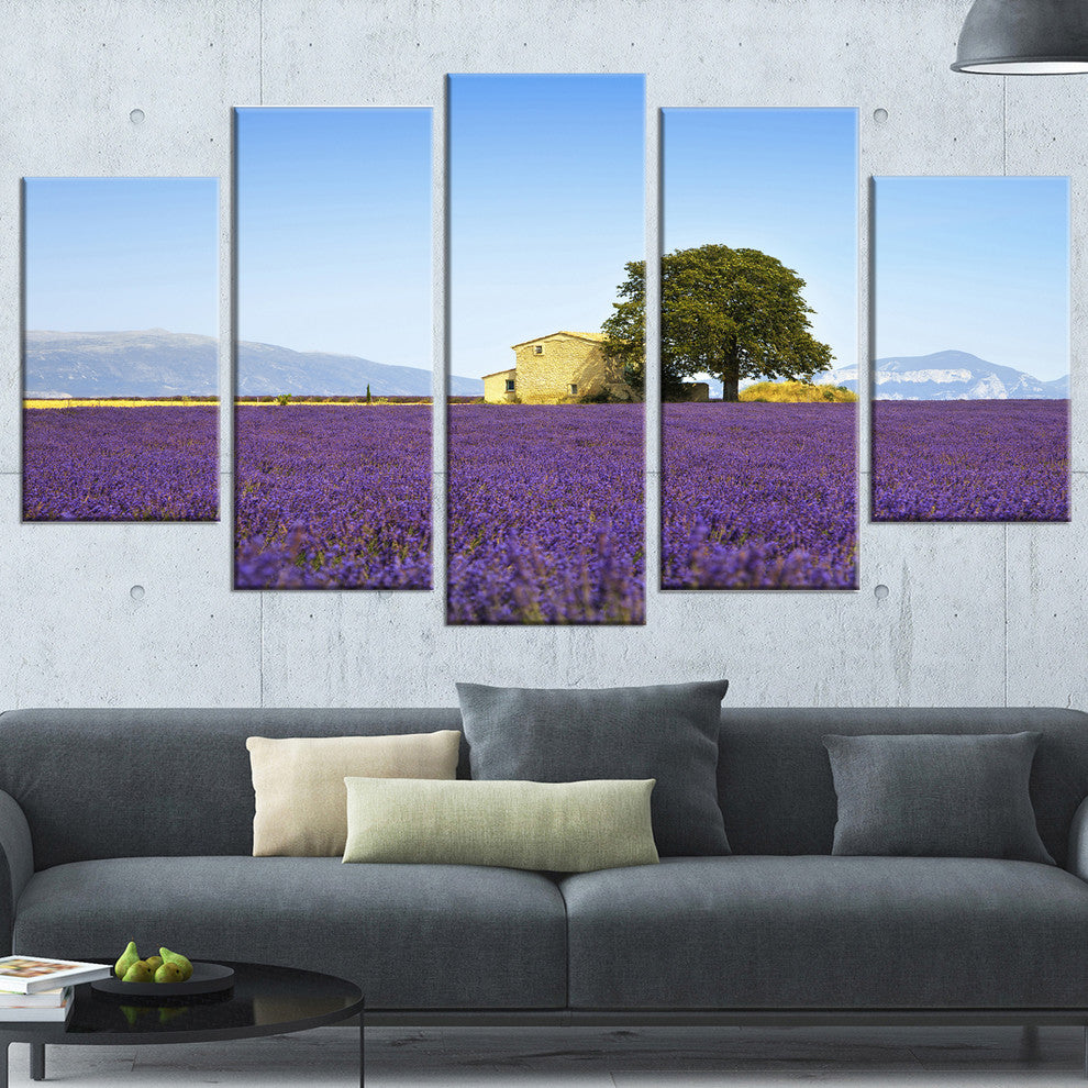 "Lavender Flowers Blooming Field" Landscape Wall Art Print, 5 Panels, 60"x32"
