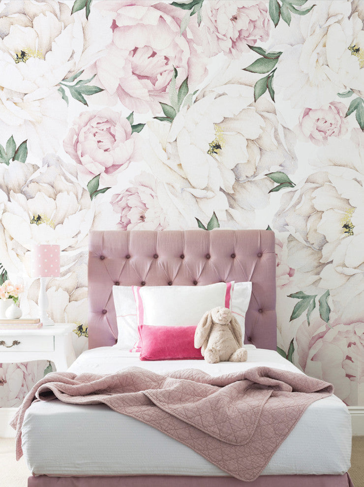 Peony Flower Mural Wall Art Peel and Stick Vinyl Wallpaper, Pink, 24"x