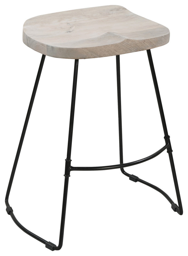 24" Backless Counter Stool Whitewashed Mango Wood Saddle Seat Black Metal