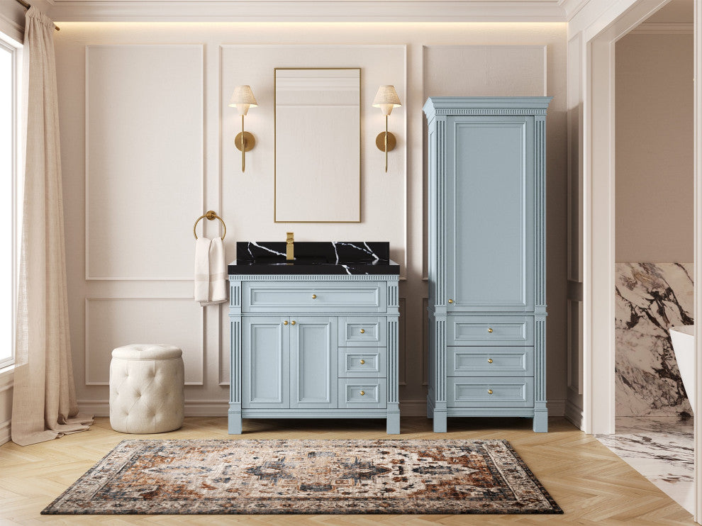 Paris 36" Left Offset Bathroom Vanity, Blue Heather 2" Calacatta Black