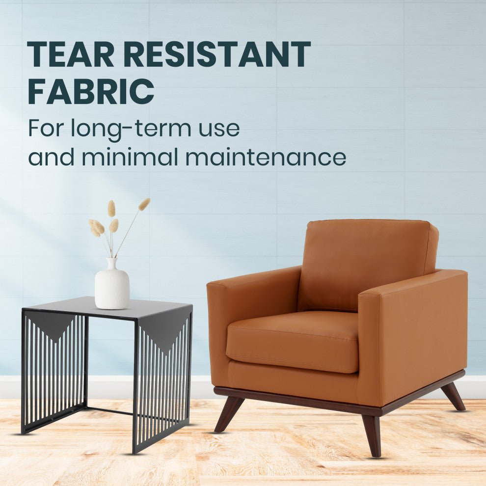 LeisureMod Chester Mid-Century Modern Faux Leather Accent Arm Chair, Cognac Tan