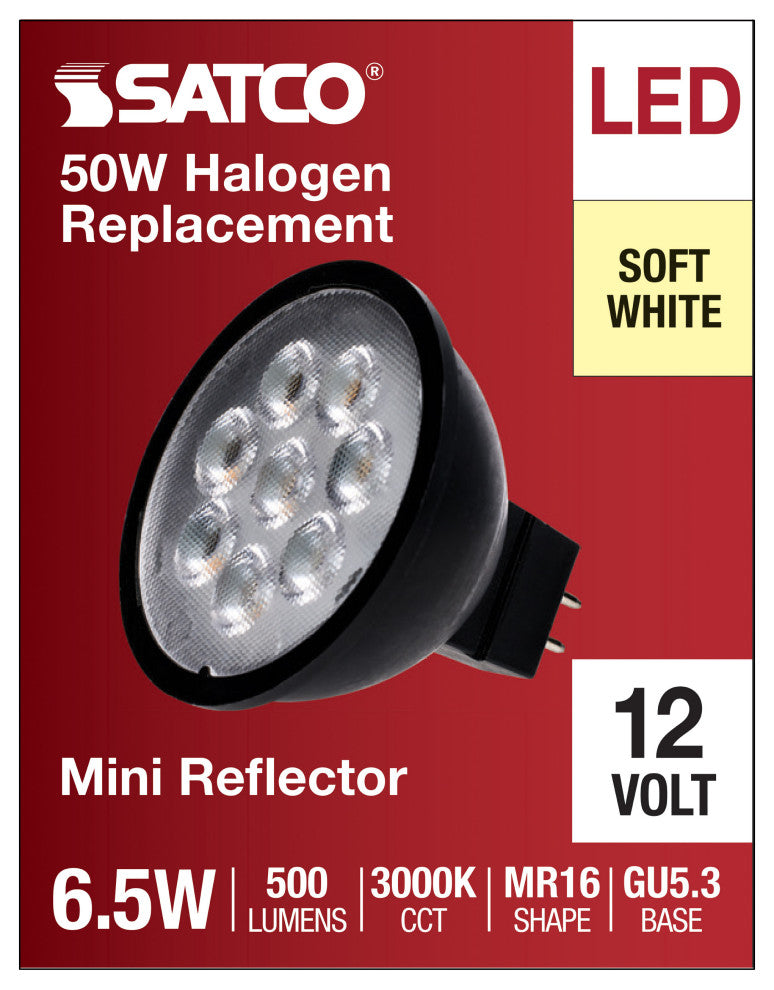 6.5W MR16 LED, Black Finish, 3000K, GU5.3 Base, 500 Lumens, 12V