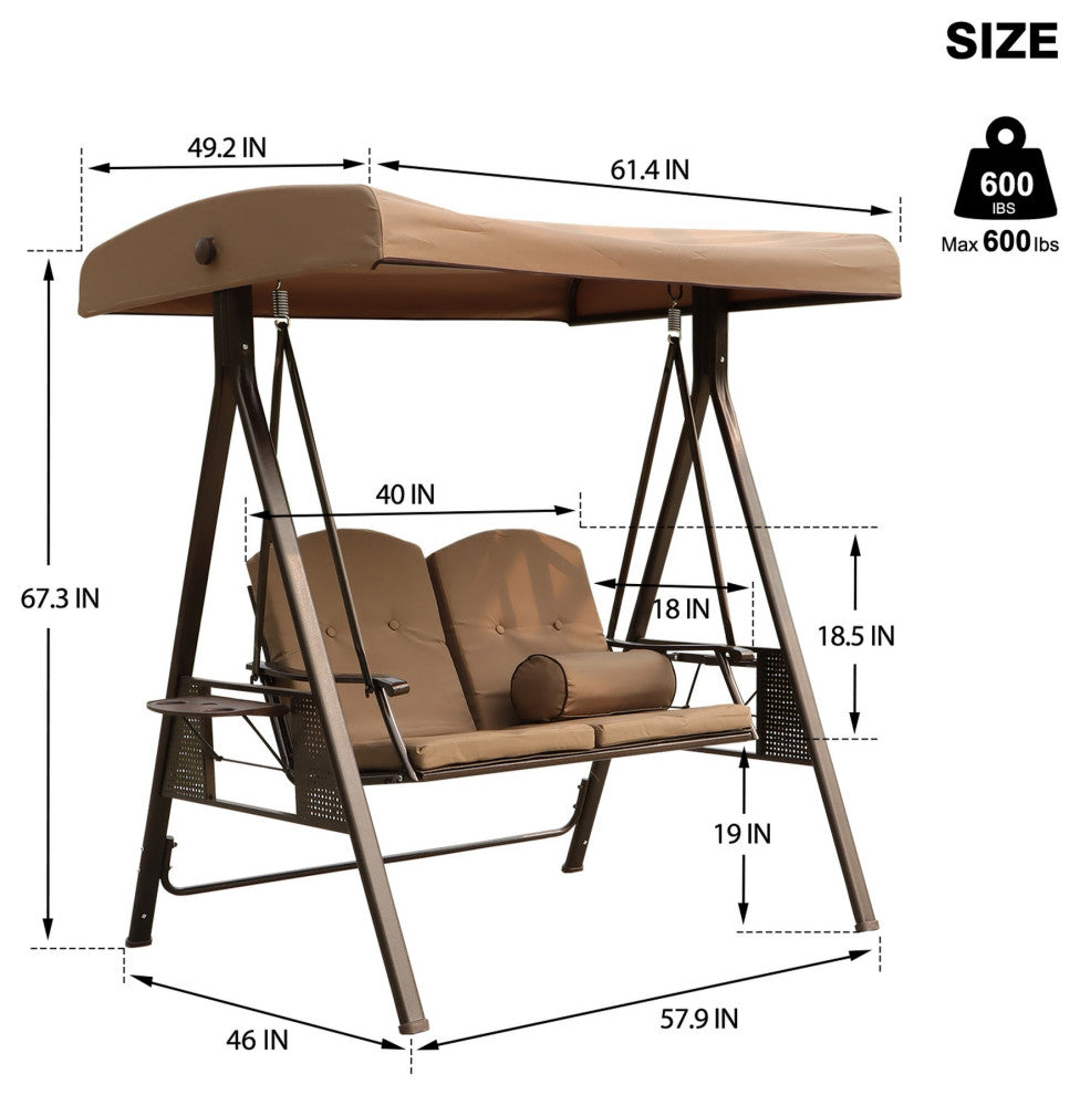 Outdoor Patio Porch Swing Chair With Adjustable Canopy and Pillow, Brown Beige