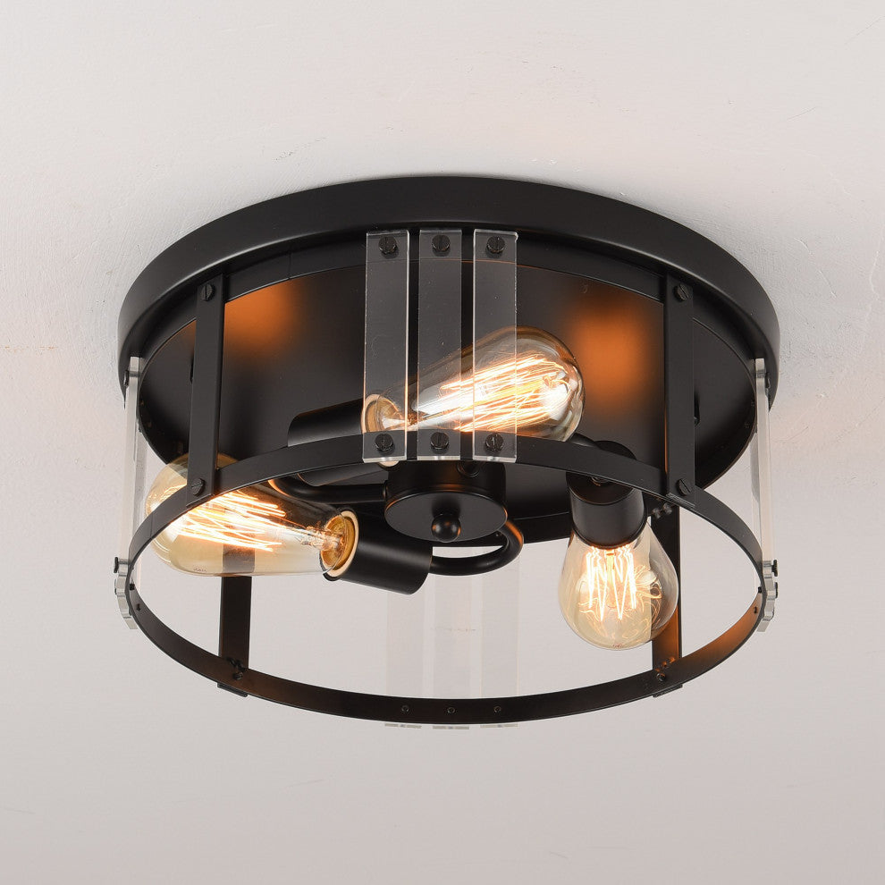 3-light Flush Mount Chandelier with Mental and Acrylic Lampshade