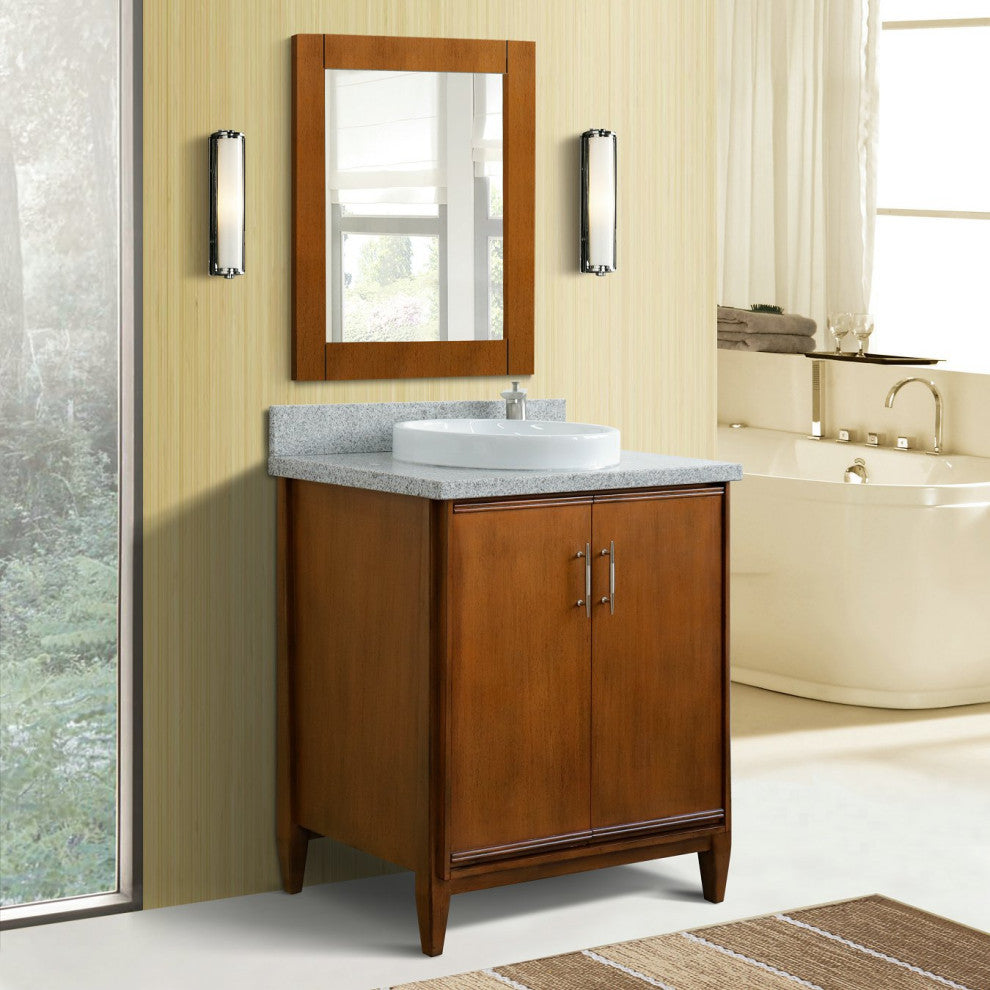 31" Single Sink Vanity, Walnut Finish, Gray Granite With Round Sink