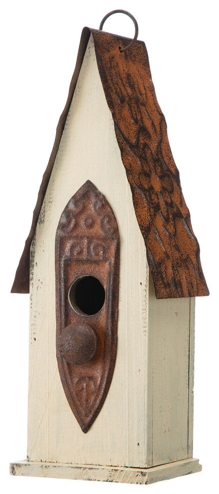Washed White Distressed Solid Wood Birdhouse