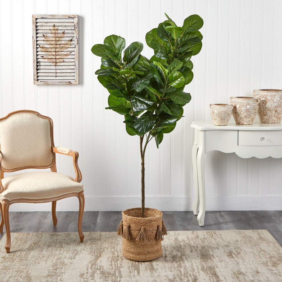 6' Fiddle Leaf Fig Artificial Tree in Handmade Natural Jute Planter With Tassels