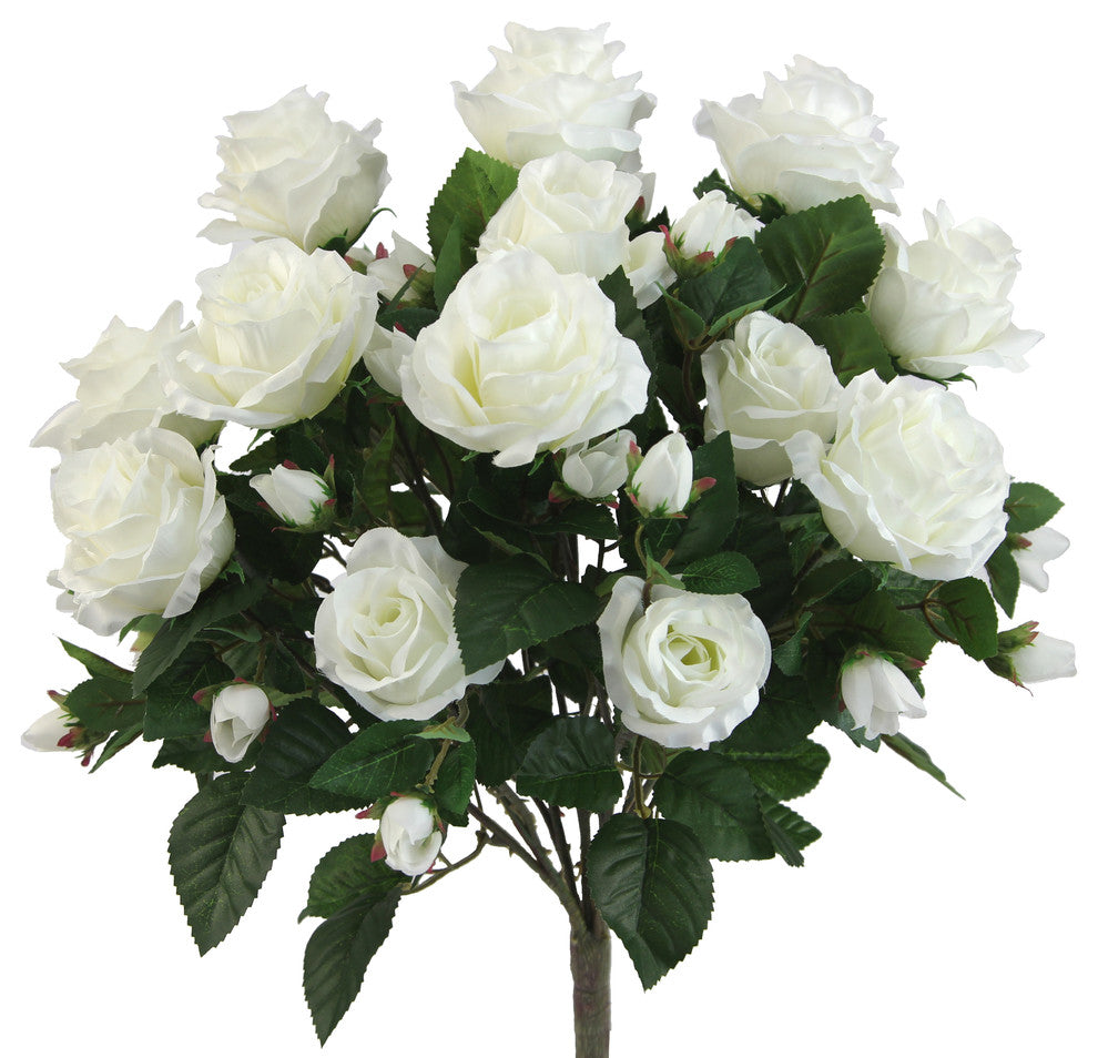 5 Stems Faux Rose and Rose Bud Flower Bush, Cream, White