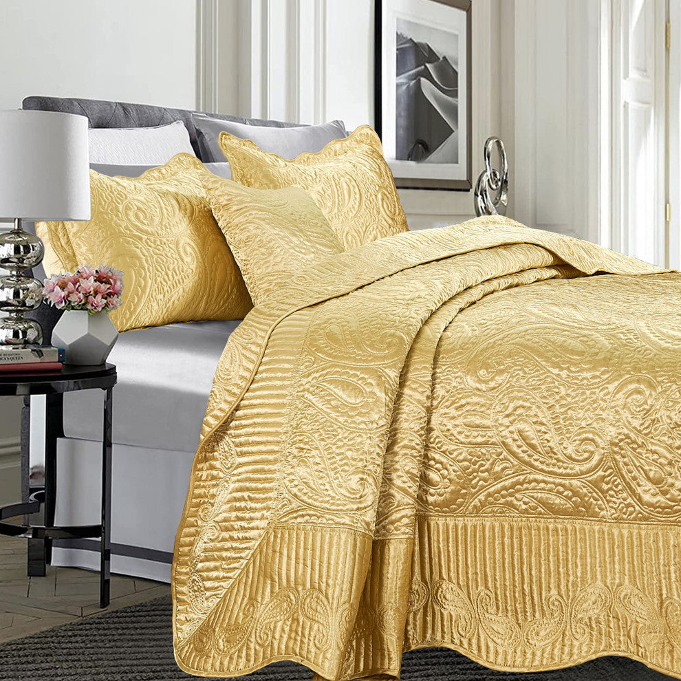 Quilted Satin 4 Piece Bed Spread Set, Gold, Queen