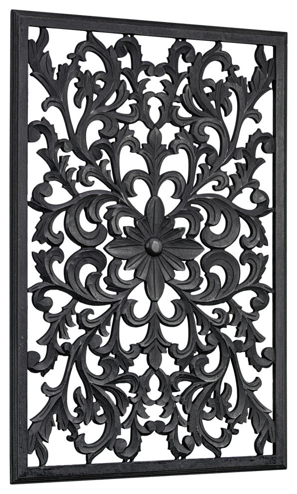Hand-Carved Floral Wood Medallion Wall Art, Black, 36"x24"